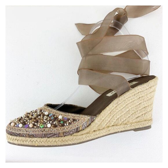 Steve Madden taupe Pearl/Bead/Crystal Embellished Wedge Ankle Wrap Boho Espadril - Picture 7 of 15